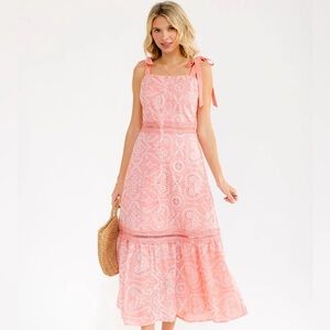 073 • Tie-Shoulder Bows Peach Pink Eyelet Embroidered Midi Dress